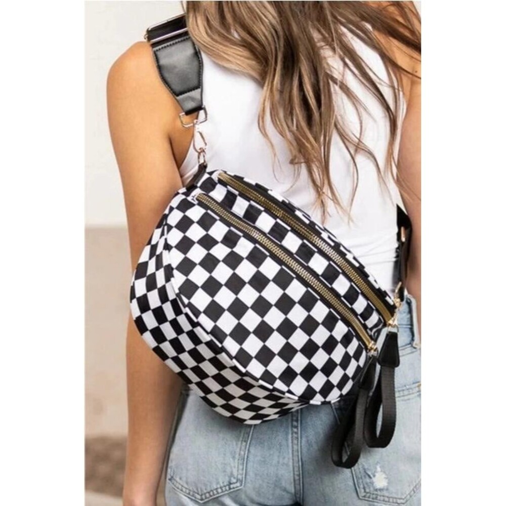 Brown Nylon Checker Crossbody Adjustable Sling Purse Lightweight Shoulder Bag - Picture 2 of 9